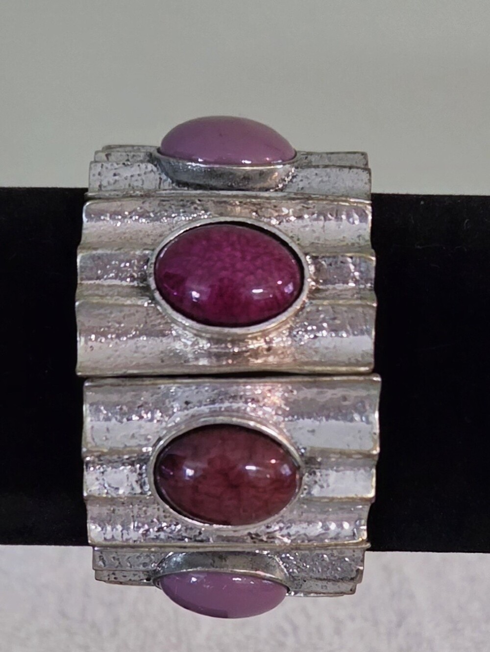Chunky Boho Silver Tone Wide Panel Stretch Bracelet Pink Purple Cabochon